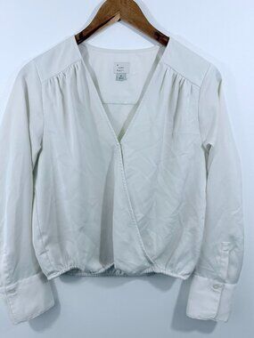 A New Day Long-sleeve faux-wrap blouse deep V-neckline gathered shoulders elasti